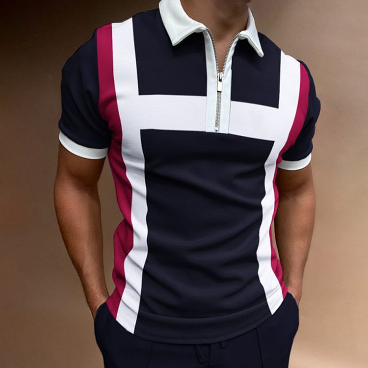 Black&White Color Blocked Casual Zipper Short Sleeve Summer Men's Polo Shirts