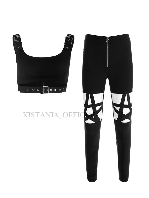 Cutout Buckle Knot Stretchable Spaghetti Crop Top + Hight Waist Spliced Stars Goth Pants 2 Pieces Sets