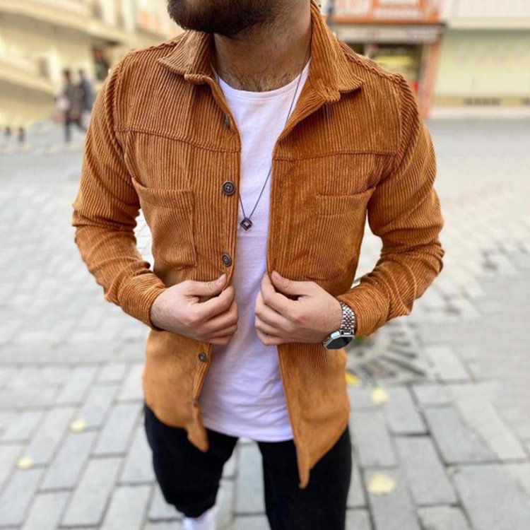 BrosWear Men Streetwear Solid Color Corduroy Jacket brown