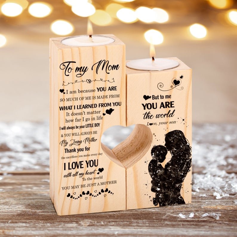 Son to Mom Wooden Candle Holder -I Will Always Be Your Little Boy & You Will Always Be My Loving Mother