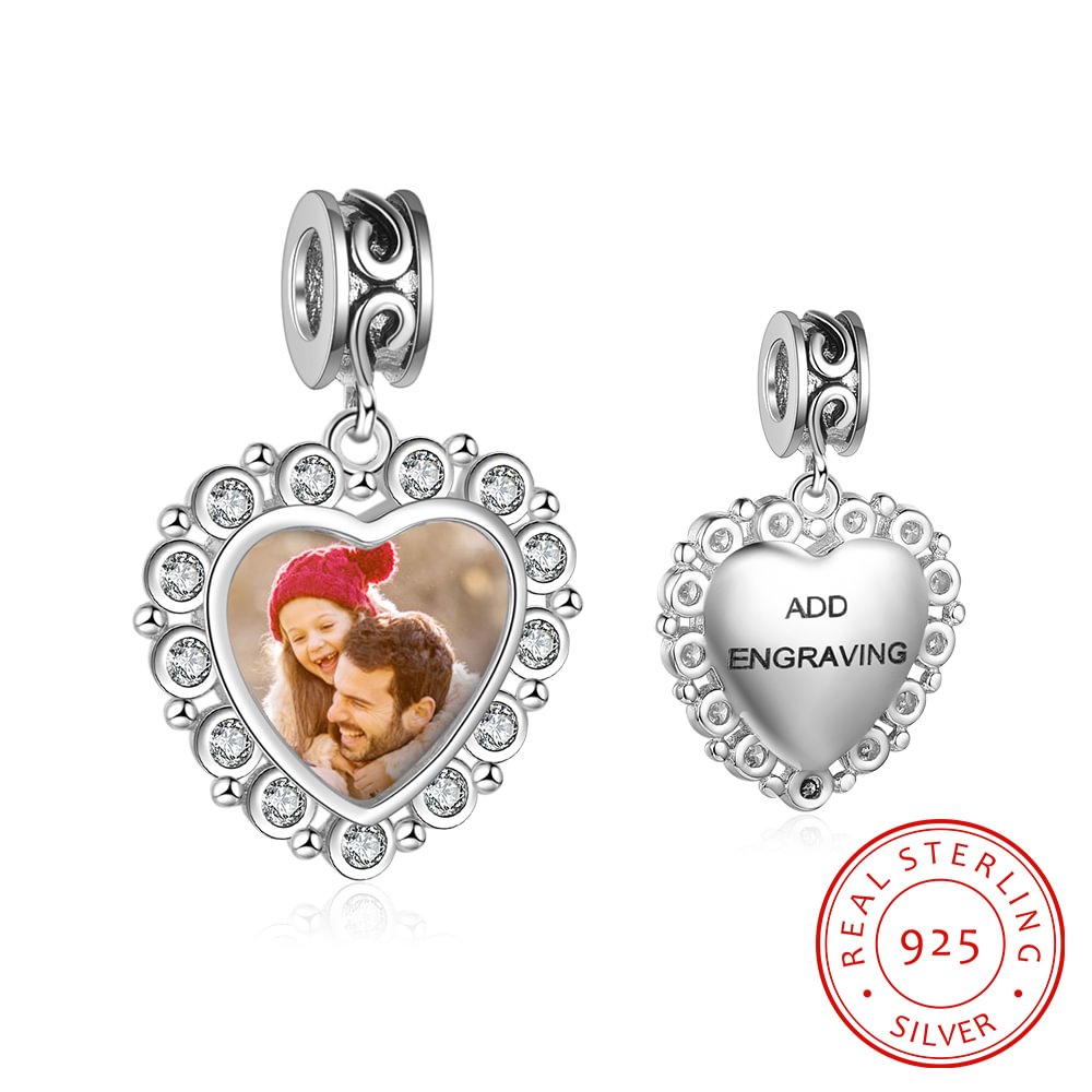925 Sterling Silver Heart Dangle Engraved Photo Charm