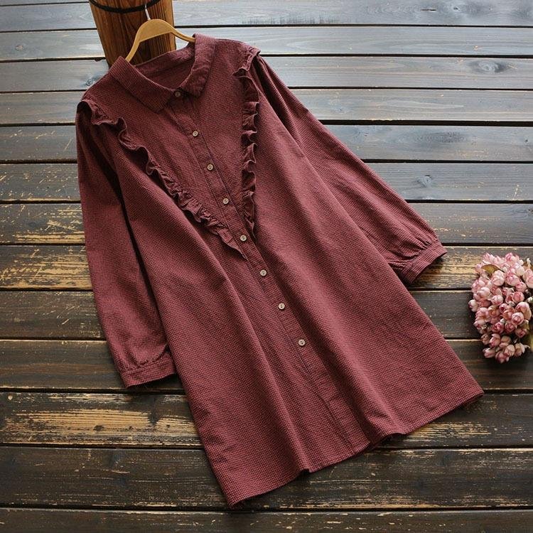 Women's Spring And Summer Loose Cotton And Linen Ruffled Lapel Shirt-Mayoulove