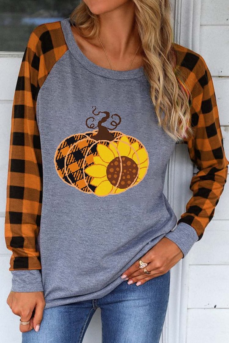 Women's T-shirts Plaid Pumpkin Print T-shirt-Mayoulove