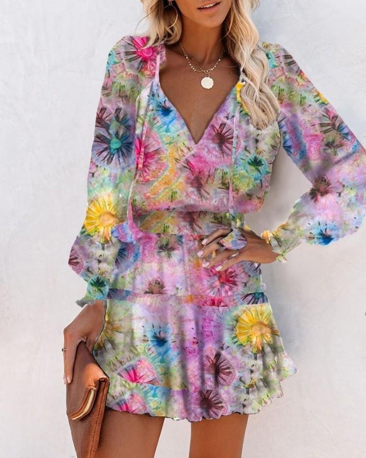 Tie Dye Floral Print Long Sleeve Skinny Waist Mini Dress P15914