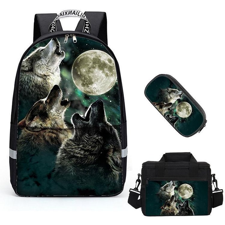 Mayoulove 3 In 1 School Backpacks Teens Girls Boys Preschool Shoulder Bagpack+Cooler Warm Lunch Pouch+Zipper Closure Pencil Case Cool 3D Wolf Bookbags Sets-Mayoulove