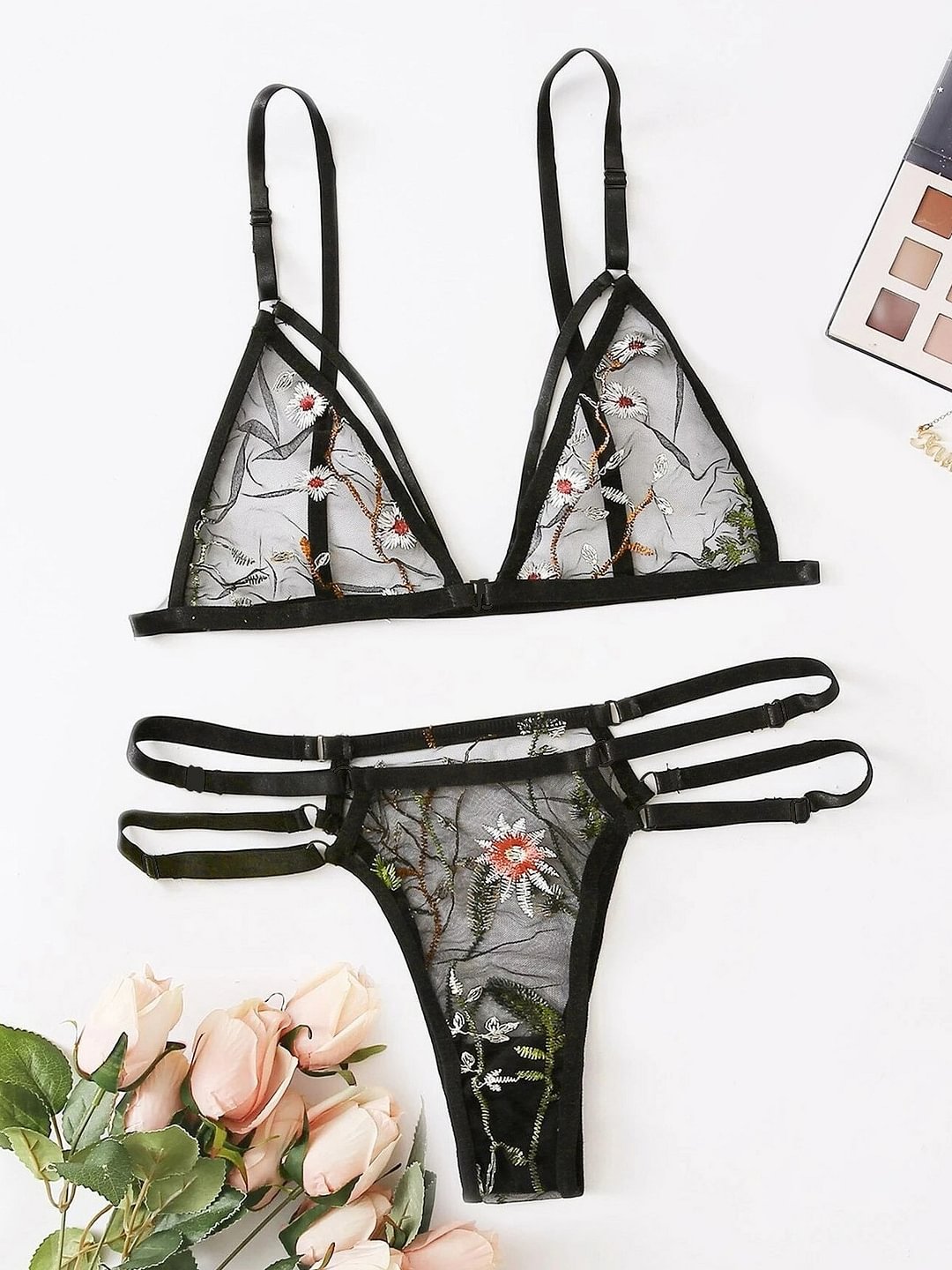Butterfly Embroidery Mesh Lingerie Set-Icossi