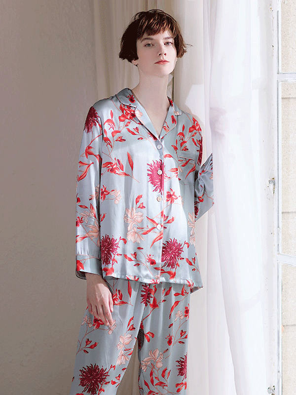 High Quality Full Length Sweet Flora Silk Pajamas Set For Women