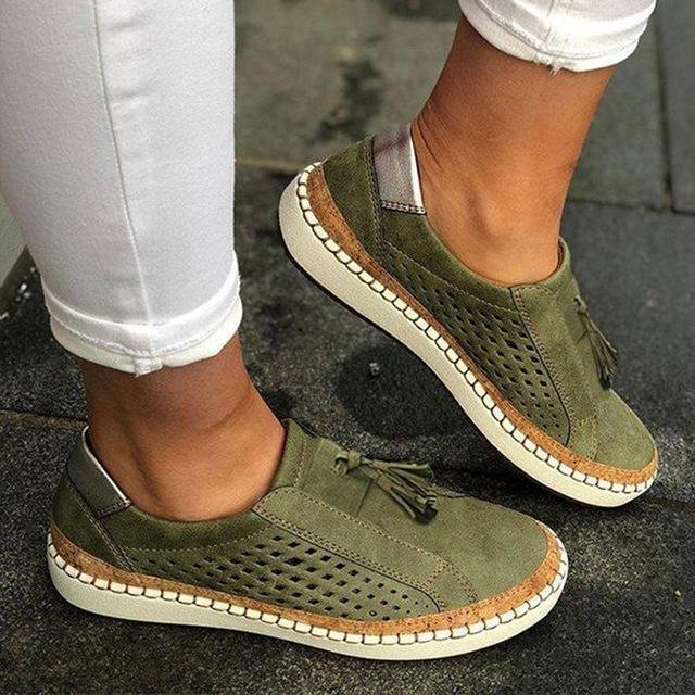 Women Slip On Hollow Out Flats Ladies Breathable Loafers Casual Platform Vulcanized Sewing Sneakers Shoes-Corachic