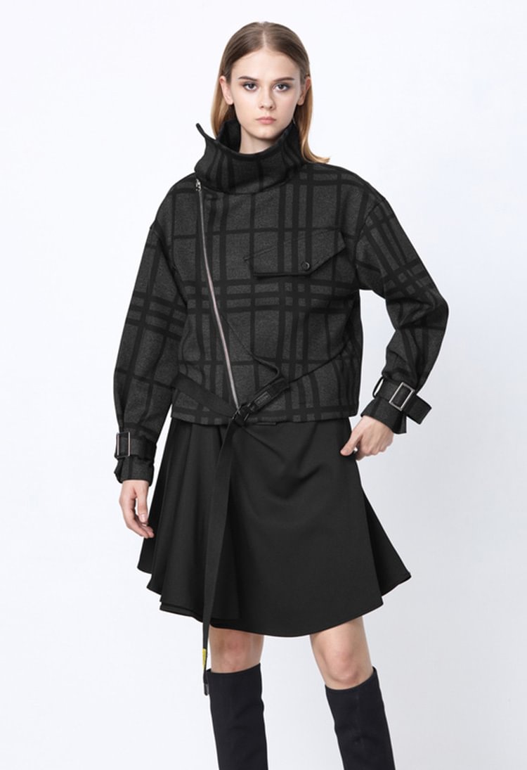 SDEER Three-dimensional Contrast Checkered Webbing Stitching Cropped Jacket