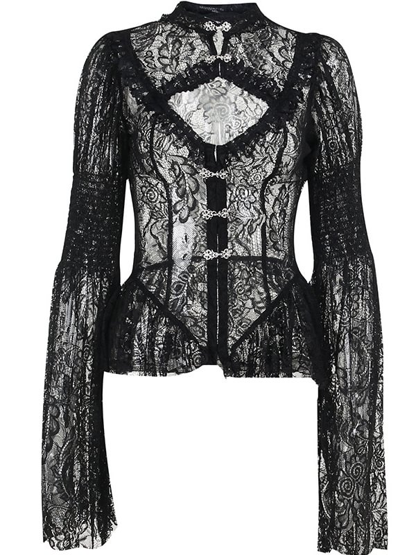 Vintage Dark Cutout Lace Long Bell Sleeve Stand Collar Top