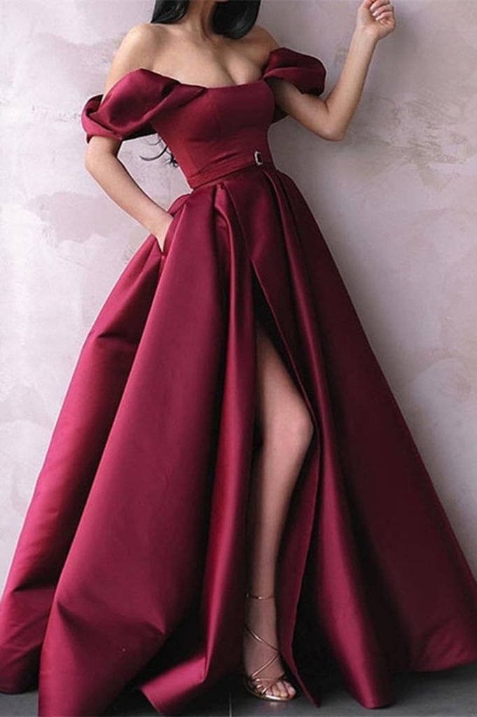Luluslly Burgundy Off-the-Shoulder Slit Prom Dress With Pockets