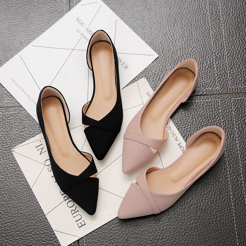 Pin Pointed Toe Leather Office Lady Flat Heel Shoes.