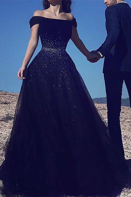 Luluslly Dark Navy Off-the-Shoulder Prom Dress Tulle Long With Beads