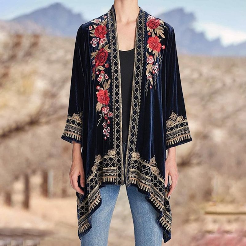 Ethnic Style Floral Embroidery Vintage Velvet Cardigan