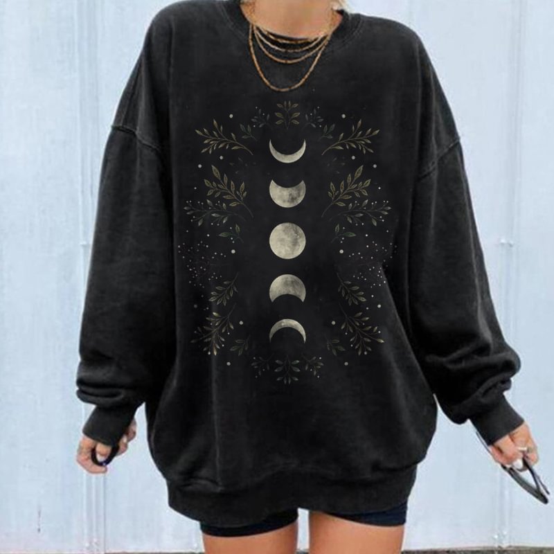   Moon Phases Leaves Printed Loose Black Sweatshirt - Neojana