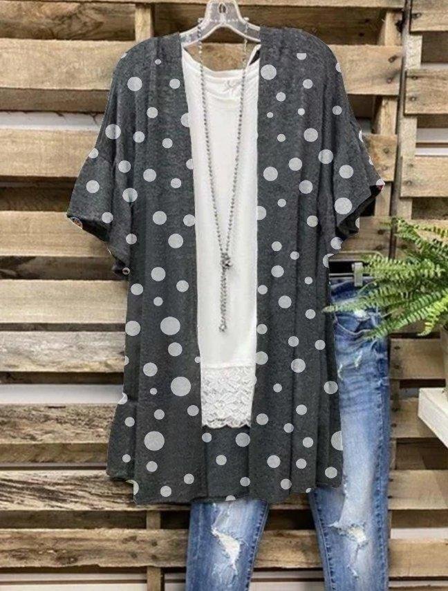 Polka Dots Short Sleeve Printed Cotton-blend V neck Casual Summer Deep Gray Outwear-Mayoulove