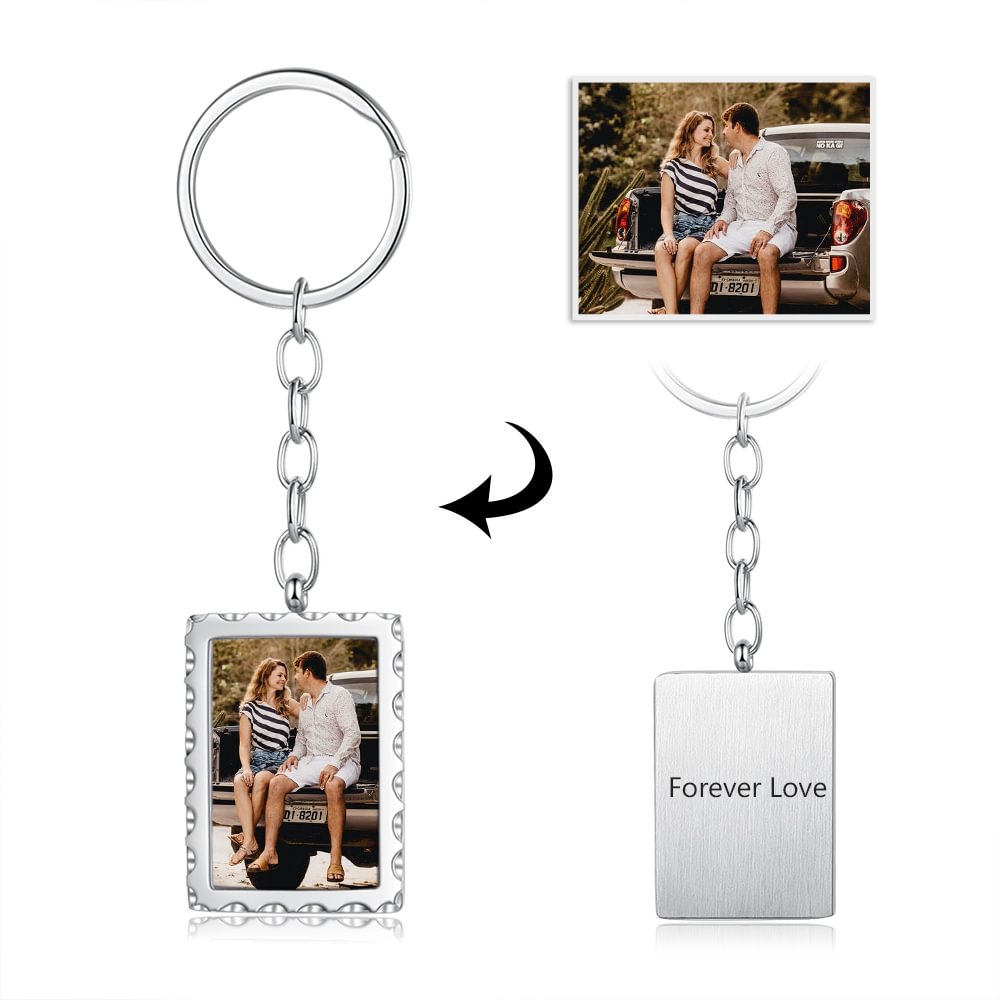 Custom Photo Keychain Rectangle Pendant with Flower Engraving Personalized Gift