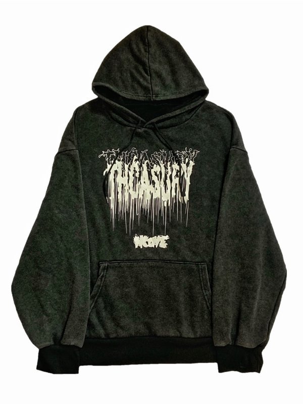Gothic Dark Letter Printed Washed Pullover Long Sleeve Loose Hoodie