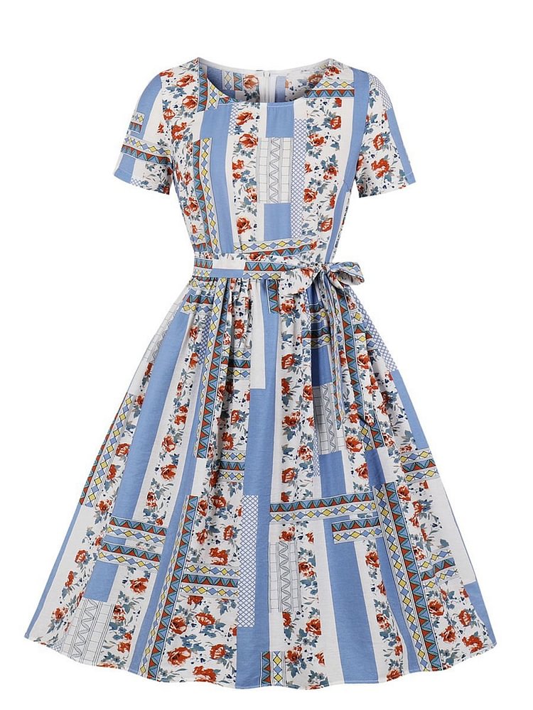 Mayoulove 1950s Dress Floral Short Sleeve Sash Design Swing Dress-Mayoulove