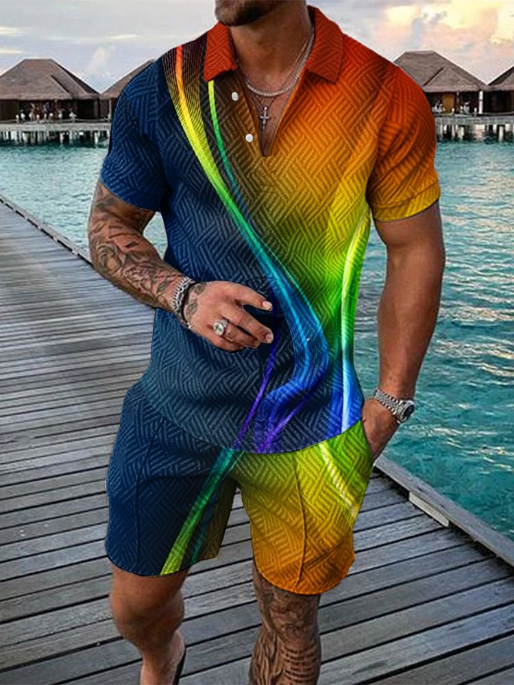 Men's Holiday Color Gradient Printing Polo Suit