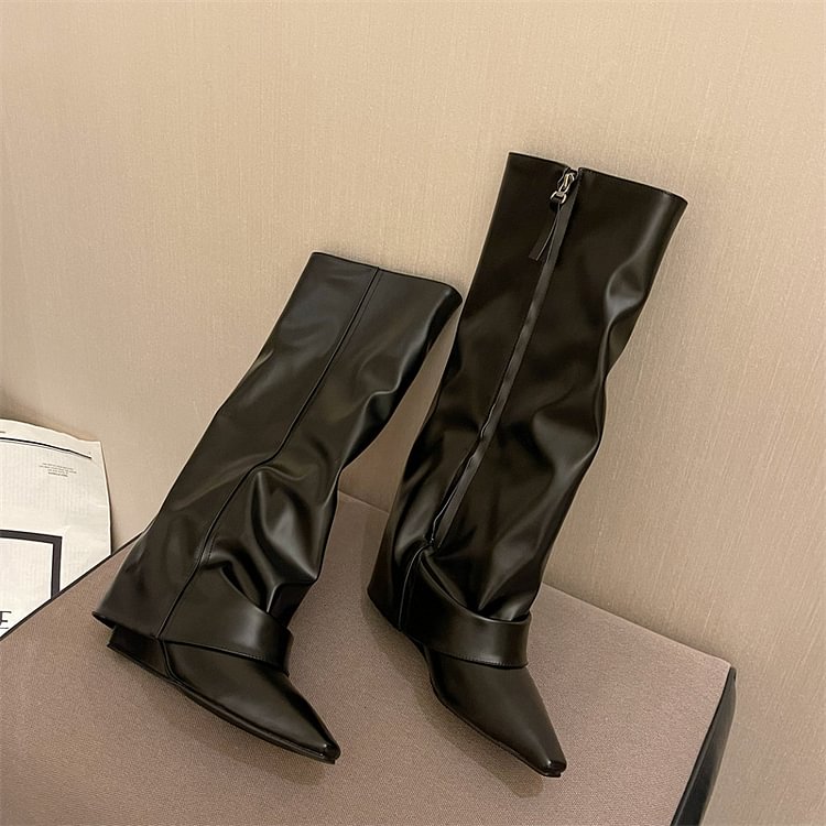 Pointed Toe High Heel Wedge Cover Up Fold Side Zipper Over Knee High Boots