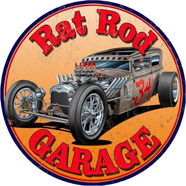 Rat Rod Garage - Round Vintage Tin Signs/Wooden Signs - 30x30cm