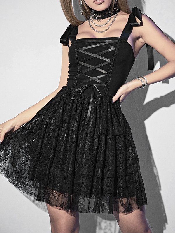 Vintage Elegant Solid Color Lace Up Bowknots Shoulder Straps Tight Waist Skater Layered Dress