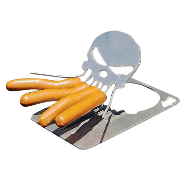 Stainless Steel Foldable BBQ Grill Hot Dog Roaster Rack Skull Skewer Stick