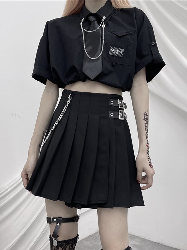 College Style Chain-trimmed Buckle Knots High Rise Asymmetrical Pleated Skirt