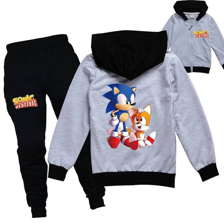 Boys Girls The Hedgehog Print Zip Up Cotton Jacket And Sweatpants Suit-Mayoulove