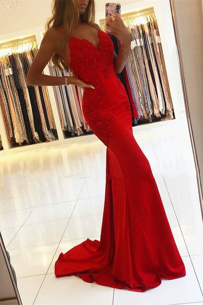 Luluslly Red Spaghetti-Straps Mermaid Prom Dress With Appliques