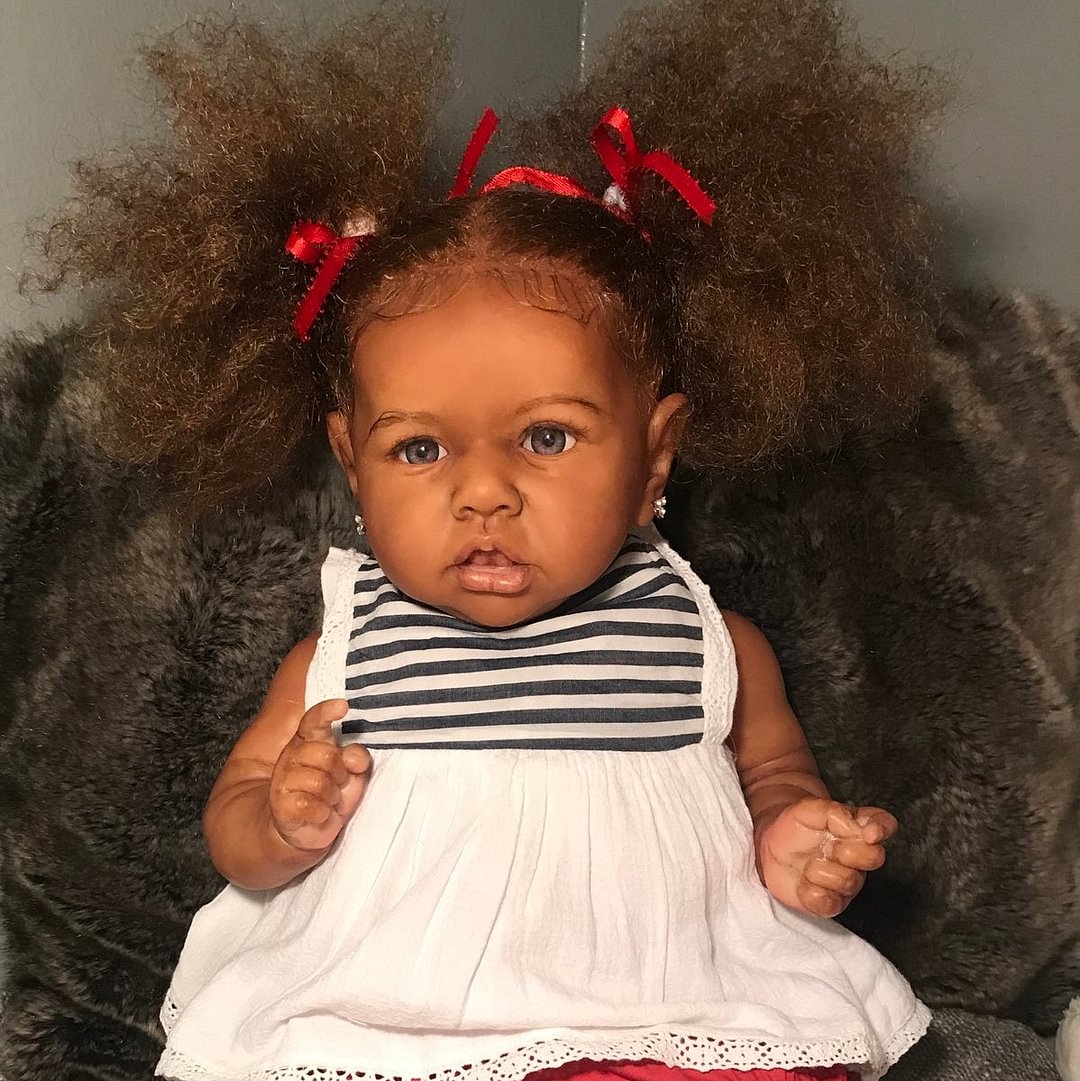 With Heartbeat & Sound 20" African American Handmade Soft Weighted Body Silicone Reborn Toddlers Cute Lifelike Girl Doll Cherry