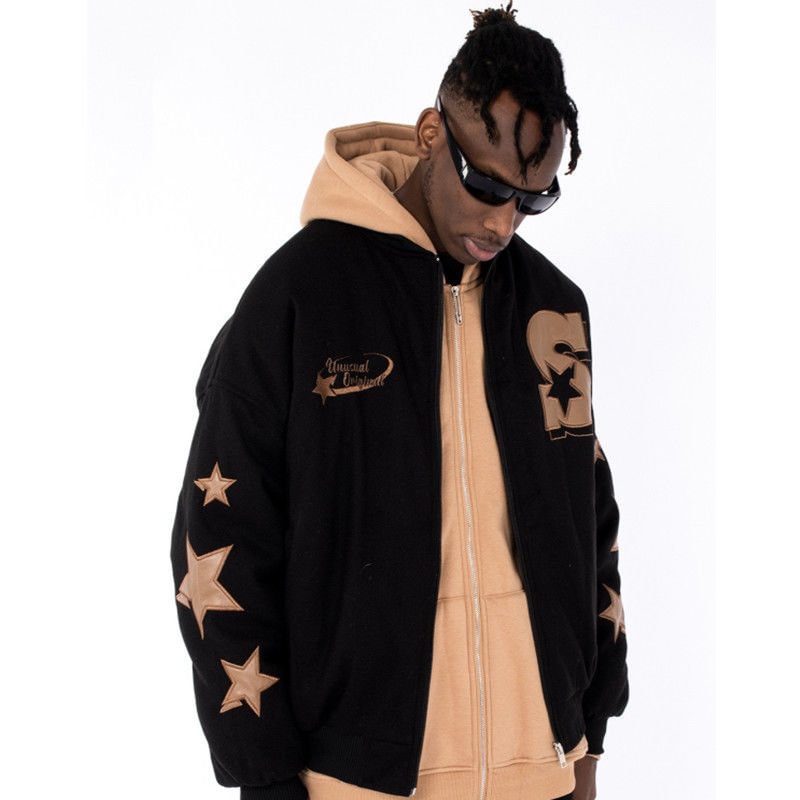 Men's Winter Hip Hop Loose Embroidered Stars Casual Baseball Jackets-VESSFUL