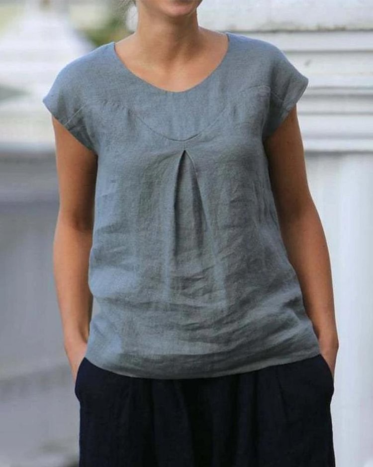 Round neck casual cotton and linen  top-Mayoulove