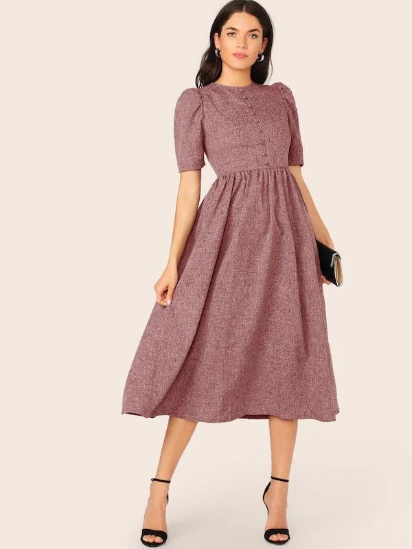 Covered Button Front Fit And Flare Dress-Corachic