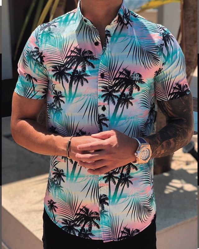 Vacation style coconut tree floral print slim short sleeve shirt / [viawink] /