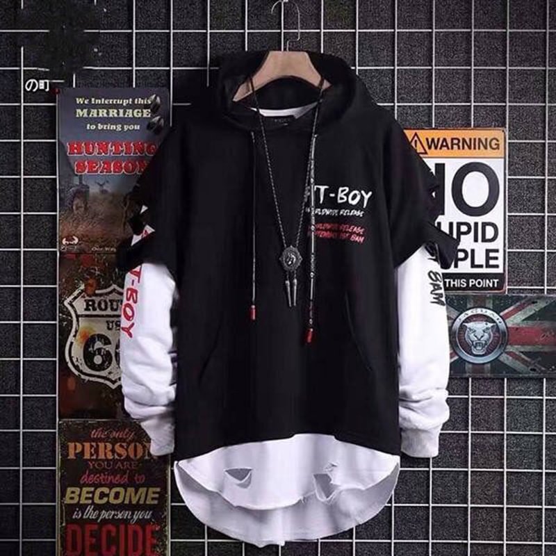 Trendy Hip Hop Sweater Loose Hole Long Sleeve Fake Two Piece Hoodie Top