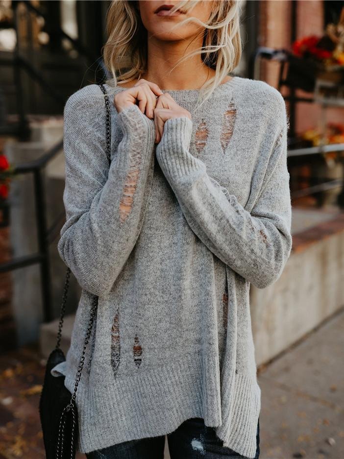 Mayoulove Round neck plain  soft knit sweater long sleeve shirt-Mayoulove