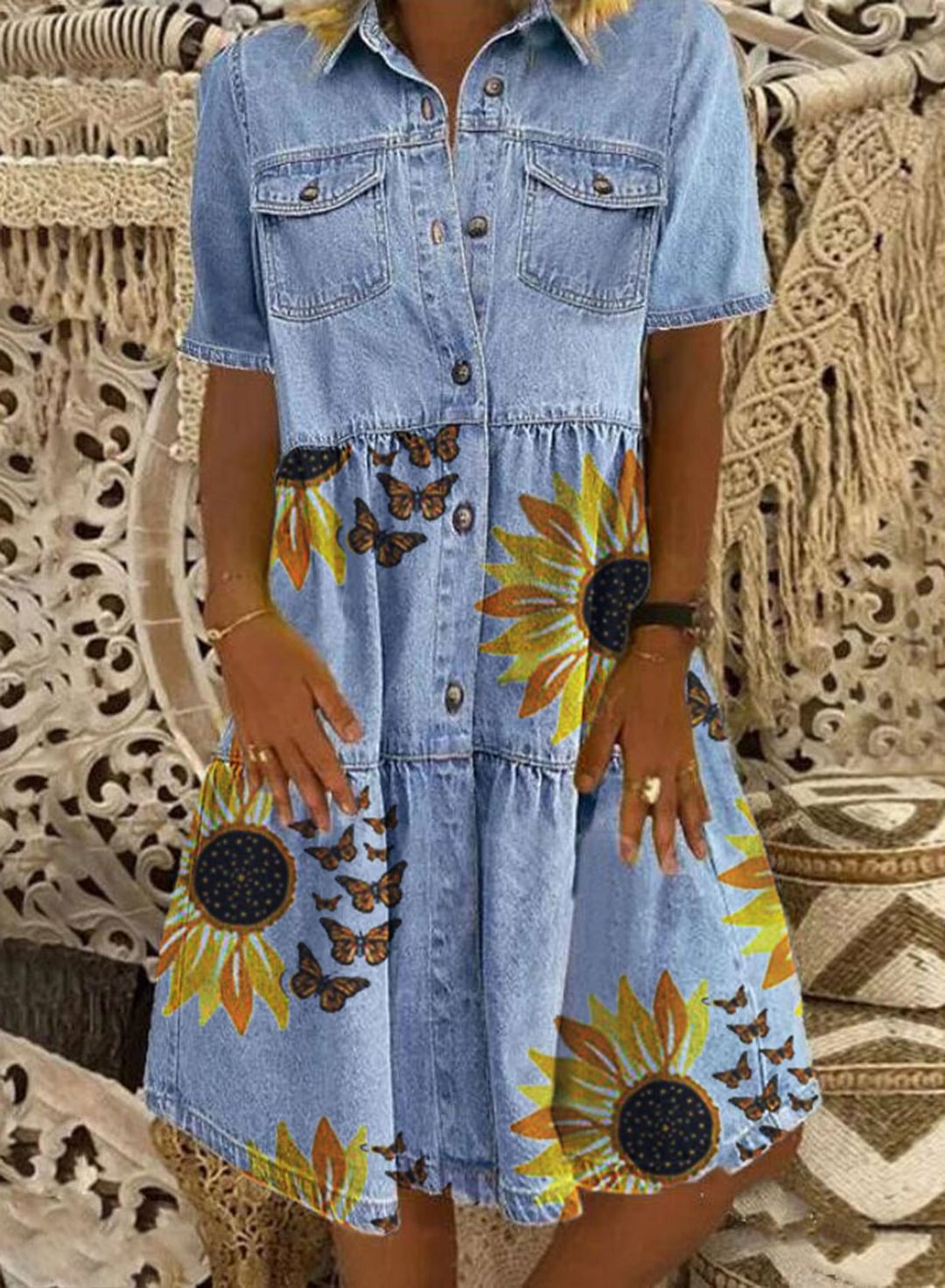 Sky Blue Women's Dresses Sunflower Butterfly Denim Mini Dress LC227459-4