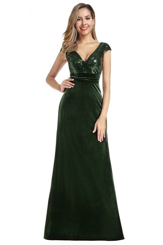 Glamorous Green Cap Sleeve Sequins Evening Gowns Mermaid V-Neck Prom Dresses