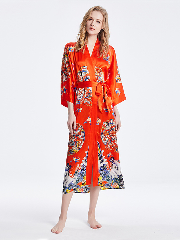 19 Momme Orange Traditional Printed Kimono Style Loose Silk Robes-Real Silk Life
