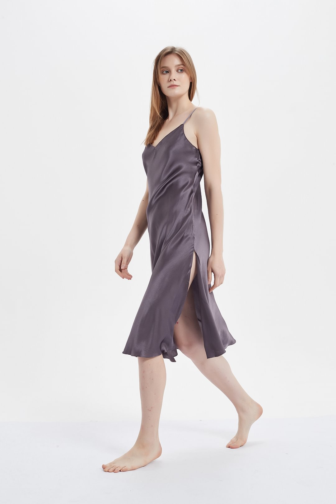 Spring Summer Backless Side Slit Long Silk Nightgown