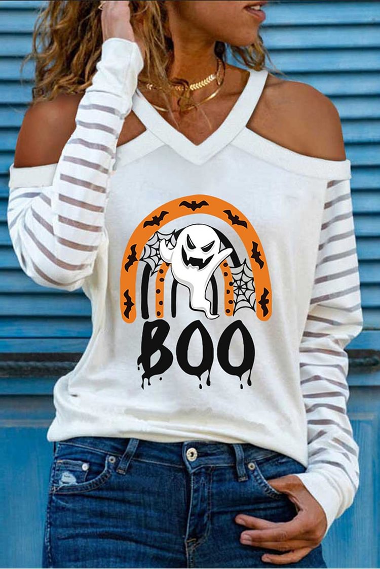 Women's T-shirts Halloween Ghost Print Cold Shoulder T-shirt-Mayoulove