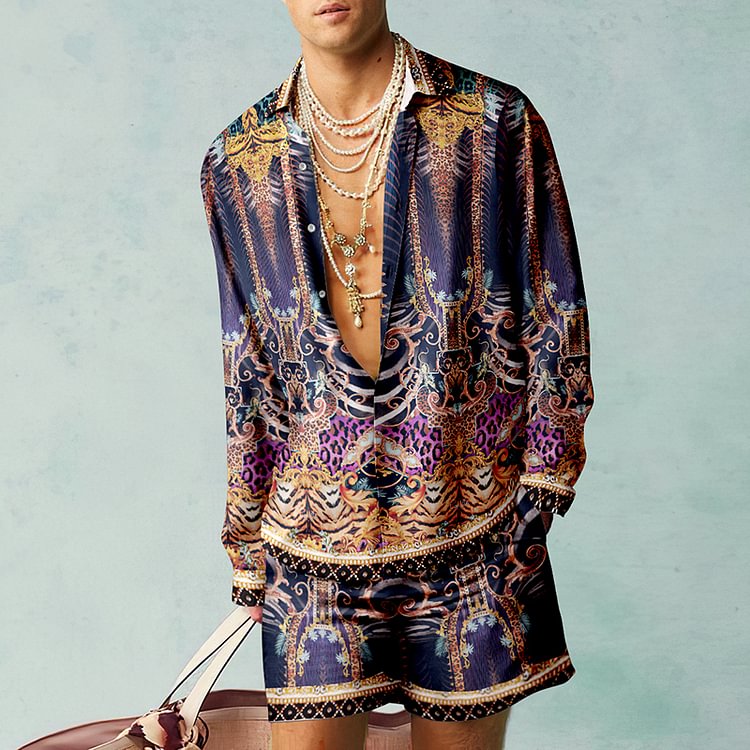 BrosWear Luxury Purple Print Shirt And Shorts Two Piece Set