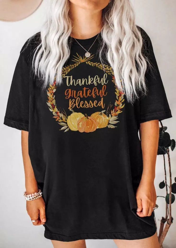 Thankful Grateful Blessed Pumpkin Leaf T-Shirt Tee - CODLINS - Codlins