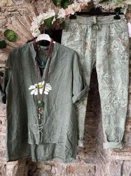 Army Green Retro V Neck Floral Cotton Blended Suits