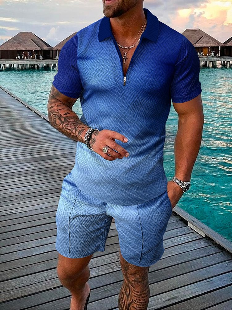 Men's Island Blue Gradient Printing Polo Suit