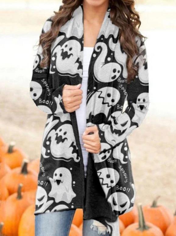 Halloween Ghost Printed Long Sleeve Knitted Cardigan Top