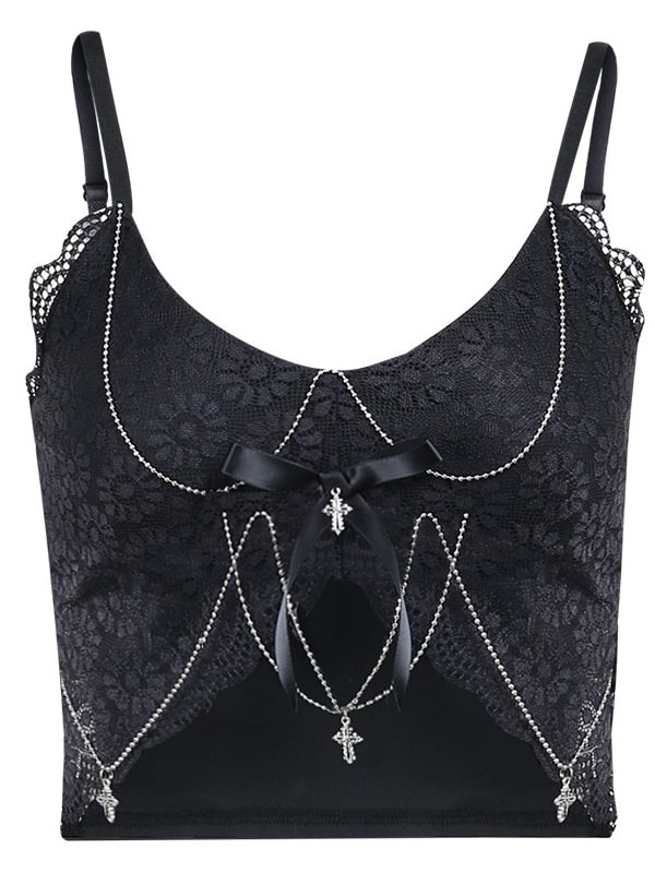 Gothic Dark Solid Color Lace Paneled Chain-trimmed Cross Pendant Adjustable Spaghetti Strap Crop Top