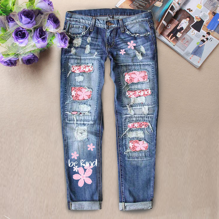 Be Kind Sakura Patchwork Ripped Denim Jeans